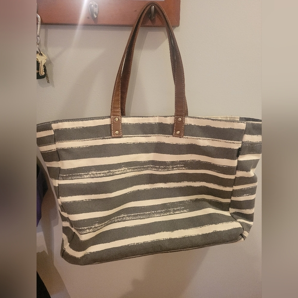 Maika Chic Striped Canvas Tote with Brown Leather Handles - Picture 2 of 13